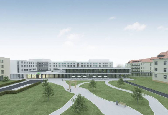Der Neubau Haus 6 mit dem vorgelagerten Zentralverbinder wird zur neuen Drehscheibe des Klinikums.
