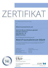 Das Zertifikat bescheinigt die hohe Behandlungsqualität des Zentrums für Alterstraumatologie und Rehabilitation am HBK