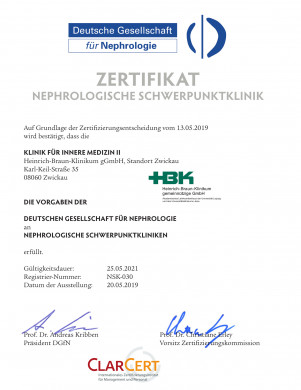 Zertifikat der Nephrologischen Schwerpunktklinik 